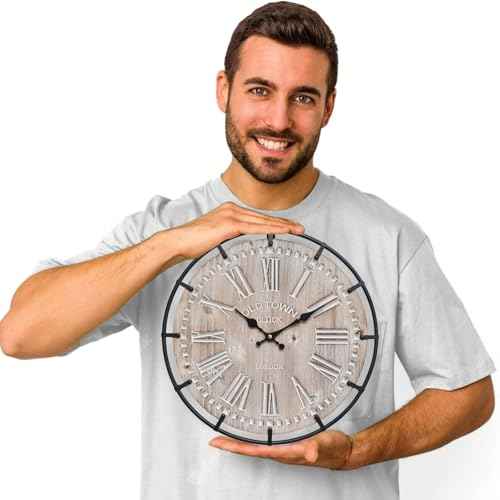 12 Inch Farmhouse Wall Clock Rustic Antique Wood with Metal Circle and Large Engraved Numerals