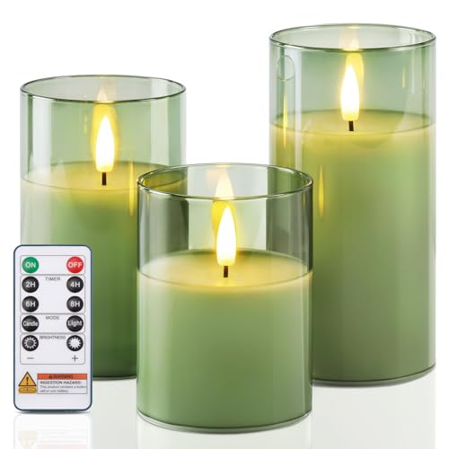 Sage Green Glass Flameless Candles (3 Count)