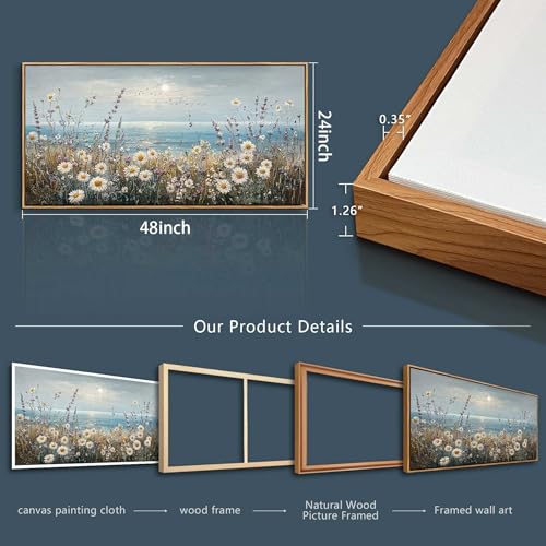 Large Canvas Wall Decor For Living Room Restaurant Wall Art For Bedroom Office Mural Blue Ocean Painting Flowers Watercolour Wall Pictures Printing Artworks Home Decor Wood Framed 24x48In
