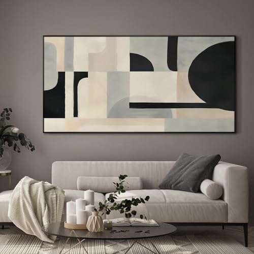24"x46" Extra Large Framed Wall Art Modern Neutral Abstract Geometric in Black and Beige
