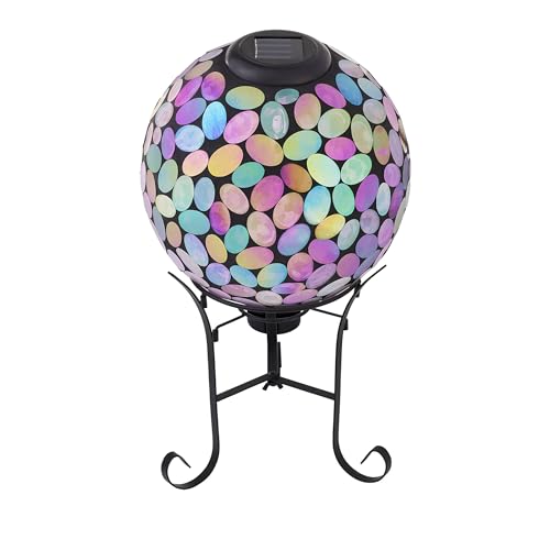 Outdoor Solar Powered Pink Glass Mosaic Gazing Globe with LED Lights and Metal Stand