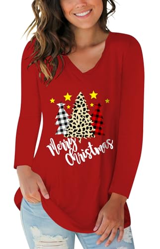 Merry Christmas Shirt for Women Leopard Plaid Christmas Tree V Neck Long Sleeve Holiday Tee Tops Red M