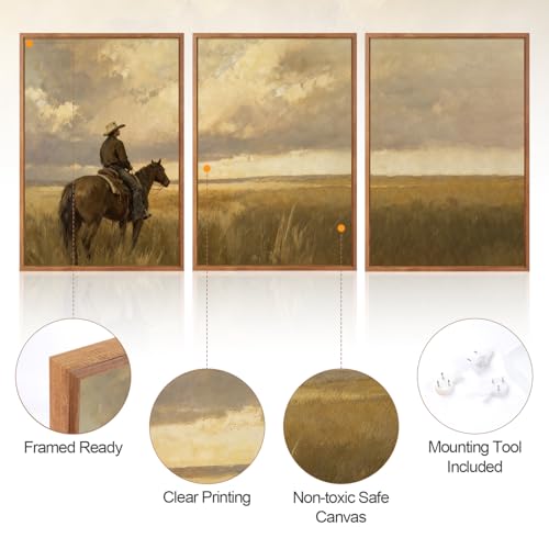 3 Pcs Western Cowboy Framed Wall Art 24x36 Inch