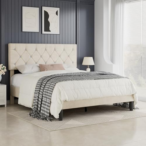 Queen Size Bed Frame with Diamond Tufted Headboard