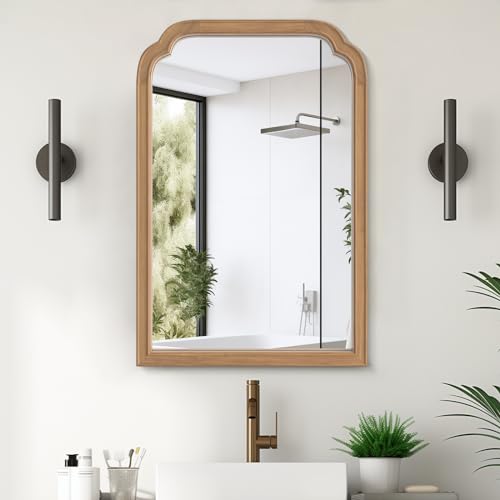 Wood Frame Wall Mirror Rounded Corner Arch Rectangle Mirror for Entryway