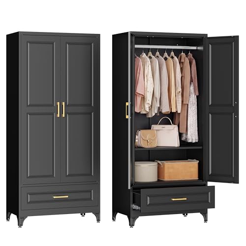 71" Tall Wardrobe Closet with Doors and Adjustable Shelves
