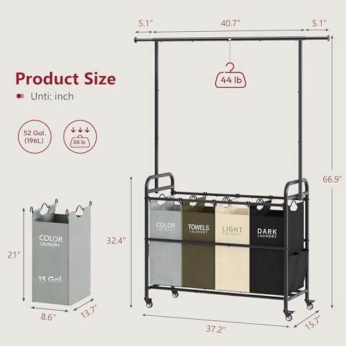 Laundry Sorter Cart with Hanging Clothes Rack