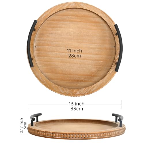 Brown Wooden Beaded Serving Tray with Handle Decorative Rustic Tray for Coffee Table Farmhouse Round Tray for Kitchen