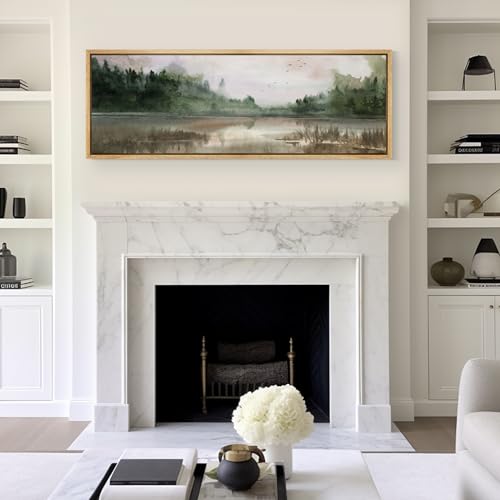 Large Framed Canvas Print Wall Art Tranquil Lake Reflections Nature Landscape Illustrations Antique Retro Fine Art Illustrations Decorative Colorful for Bedroom