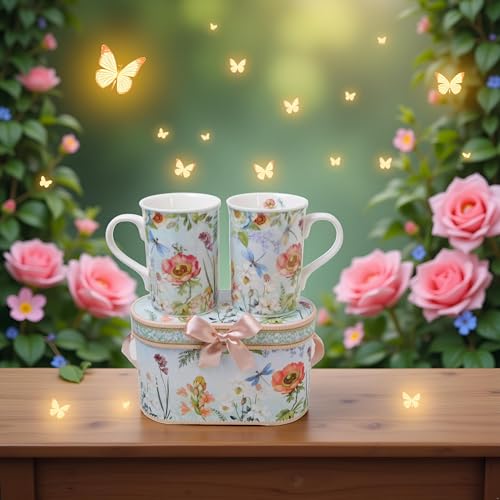 Elegant Bone China Two Coffee Mugs set in Dragonfly design (2 Count)