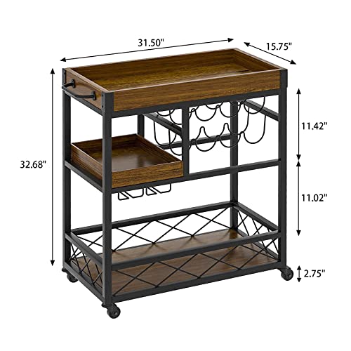 Bar Cart Industrial Mobile Kitchen Serving Carts for Home 3 Tier Storage Trolley with Wine Rack Glasses Holder Two Portable Trays Universal Casters with Brakes Rustic Rolling Cart for Indoor Outdoor