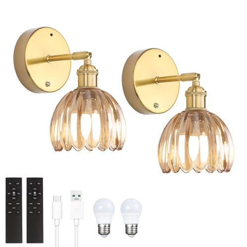 Battery Operated Vintage Wall Sconces with Amber Tulip Glass Lampshade Battery Powered Wall Lighting for Bedside Bedroom Doorway