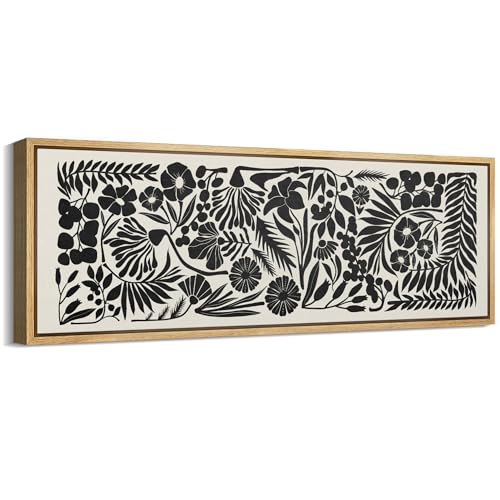 Large Framed Canvas Print Wall Art Monochrome Botanicals Black and White Floral Illustrations Antique Retro Fine Art Illustrations Decorative Colorful for Bedroom