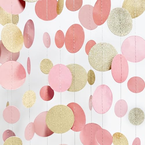 Champagne Gold Rose Pink Polka Dot Garland Champagne Dusty Pink Circle Dot Hanging Streamer Banner for Birthday Bridal Shower Wedding Engagement Retirement Boho Party Decorations Supplies