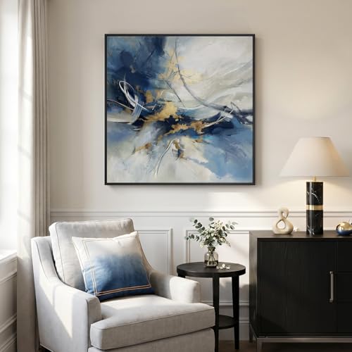 Framed Modern Blue White Abstract Wall Art Decor for Living Room