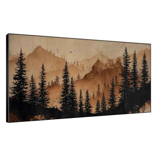 36"x72" Extra Large Framed Wall Art Rustic Mountain Pine Forest Silhouette in Warm Earth Tones for Home Living Room Bedroom Decor