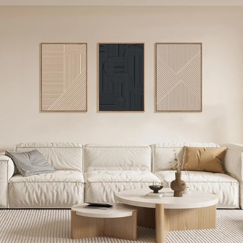 Large Abstract Textured Line Framed Canvas Wall Art (3 Count)