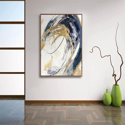 Gold Wall Decor Living Room Abstract Wall Art Blue Paintings Bedroom Aesthetic Frame Wall Decorations Large Artwork for Home Office 24x36 Inch