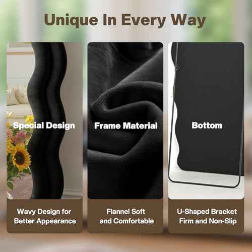 Full Length Mirror 71"x30" Irregular Wavy Full Body Wall Mounted Floor Mirror with Stand Black Flannel Frame Leaning Hanging Wall for Bedroom Entrance Hallway