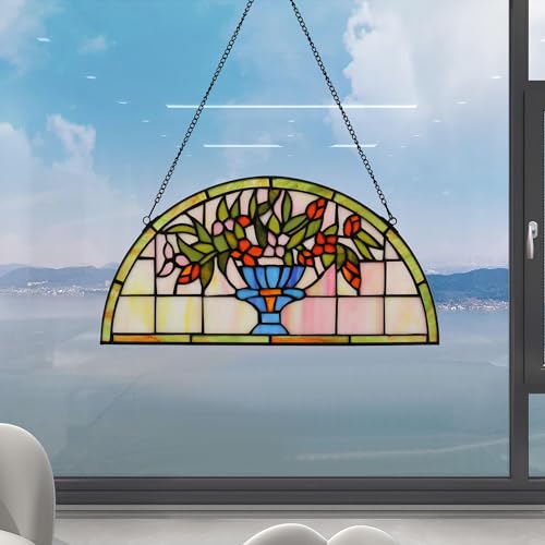 Half Moon Stained Glass Window Hanging Tiffany Style 16" x 8" Half