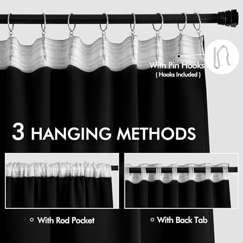 Black Back Tab Blackout Curtains 52x54 Inch Length 2 Panels Set (2 Count)