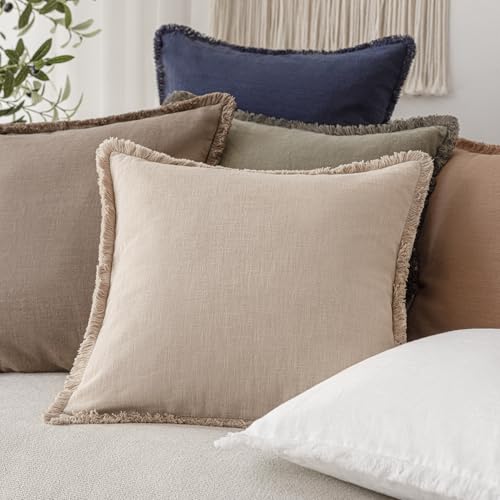 Decorative Linen Fringe Throw Pillow Covers 22×22 Inch (2 Count)