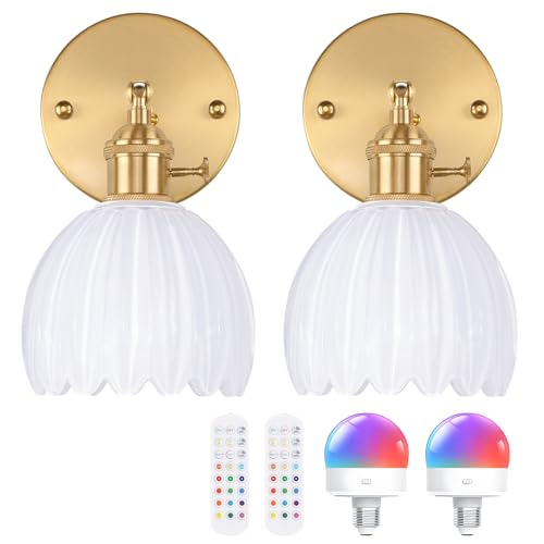 Vintage Battery Operated Wall Sconce with White Tulip Glass Lampshade Rechargeable Battery Powered Wall Light with Remote Control for Bedside Bedroom Doorway (2 Count)