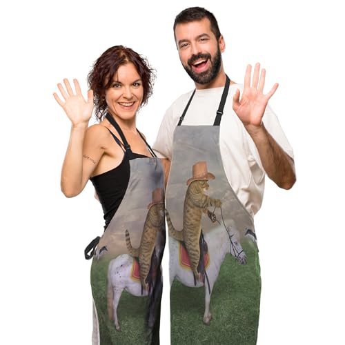 Kitchen Aprons for Women the Cat Cowboy on a Horse Mans Cooking Apron for Cooking Restaurant BBQ Painting Crafting Gardening 27”
