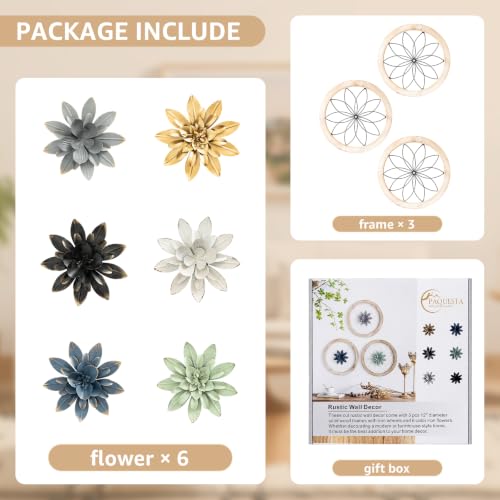 3 Piece Round Farmhouse Wall Decor with 6 Piece Interchangeable Flowers 12'' Medallion Wood & Metal Rustic Wall Art for Living Room Bedroom Kitchen Bathroom Dining Room Home Decorations