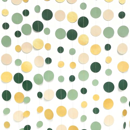 Sage Green Gold Beige Party Polka Dot Garlands Oilve Green Glitter Gold Hanging Paper Circle Dots Streamer for Birthday Wedding Shower Engagement Retirement Boho Safari Party Decorations Supplies