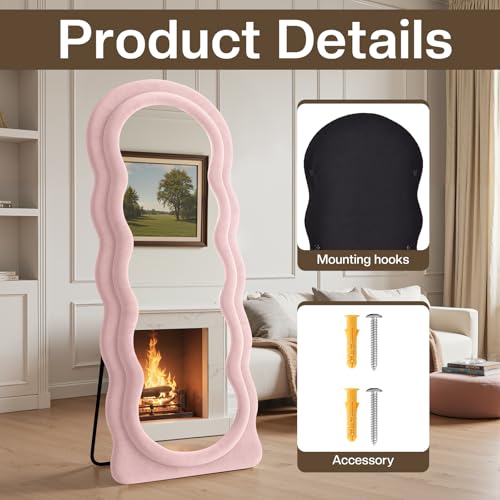 Full Length Mirror 71"x30" Irregular Wavy Full Body Wall Mounted Floor Mirror with Stand Pink Flannel Frame Leaning Hanging Wall for Bedroom Entrance Hallway