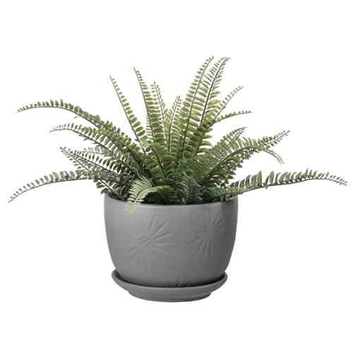 7 Inch Grey Ceramic Plant Pot with Drainage Hole and Attached Saucer
