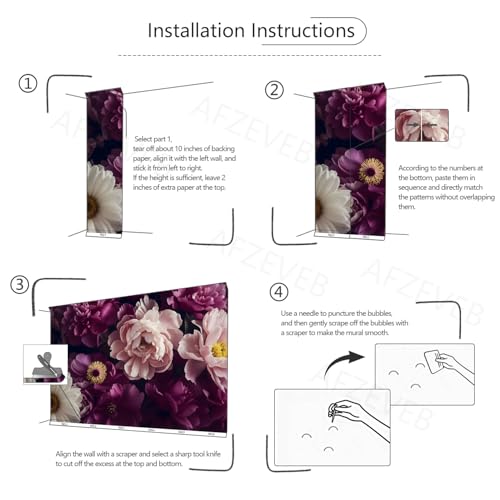 Dark Peony Floral Peel and Stick Wallpaper Purple Flowers Mural