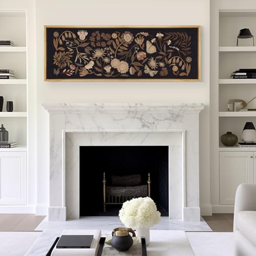 Large Framed Canvas Print Wall Art Botanical Elegance Dark Floral Illustrations Antique Retro Fine Art Illustrations Decorative Colorful for Bedroom