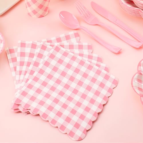 175 Pcs Pink Gingham Plates and Napkins Party Supplies