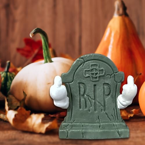 Halloween Graveyard Tombstone Statue Middle Finger Gestures Figurines Halloween Desk Ornaments Designs Spooky Mini Sculpture for Home and Office Holiday Party Decorations