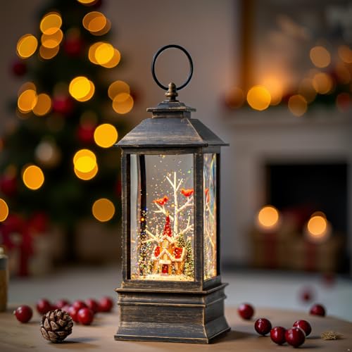 Christmas Snow Globe Lantern Water Glittering Cardinal & Church with Music & Timer
