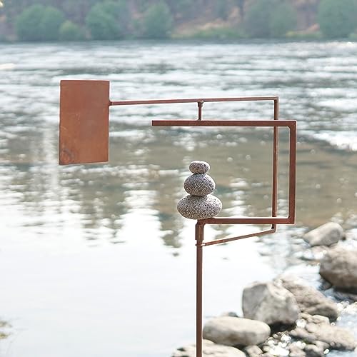 Modern Zen Garden Spinner Kinetic Wind Sculpture with Rock Cairn & Stake