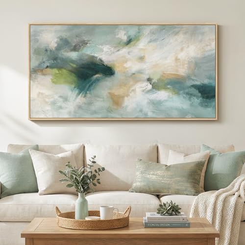 Large Framed Horizontal Sage Green Abstract Wall Art