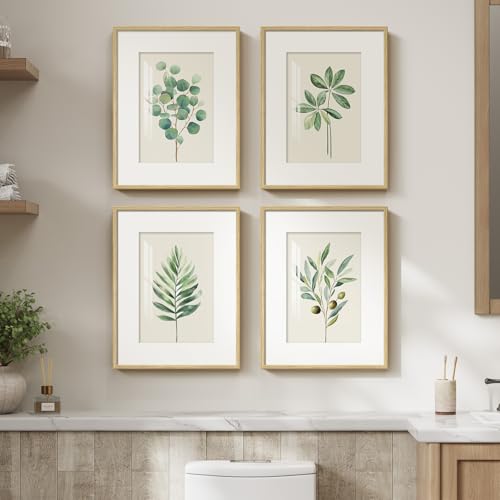 Framed Sage Green Botanical Plant Wall Art for Bathroom (4 Count)