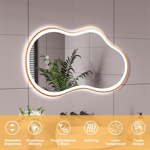 26''x46'' Irregular LED Bathroom Mirror with Lights & Gold Frame