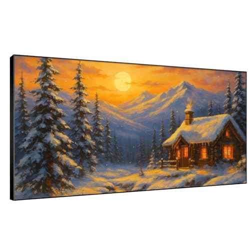 36"x72" Extra Large Framed Wall Art Cozy Cabin in Snowy Mountain Landscape at Sunset for Home Living Room Bedroom Decor