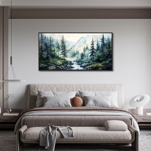 Large Black Framed Wall Decor For Living Room Canvas Wall Art For Office Modern Wall Decorations For Bedroom Misty Forest Painting Tree landscape Pictures Artwork Home Decor 24x48 In
