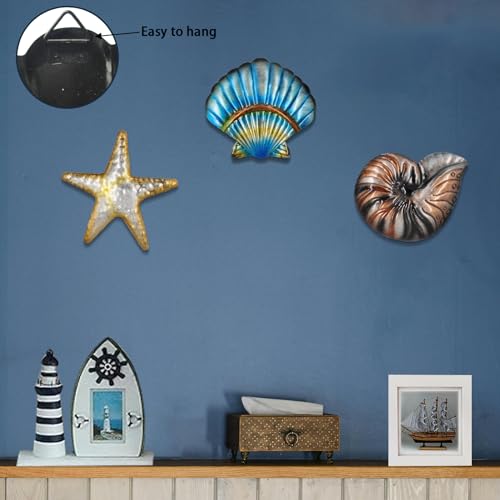 Metal Ocean Wall Sculptures Outdoor Metal Sea Star Conch Wall Art Decor Pool Garden Patio Bathroom Yard Farmhouse Fence Deck (3 Count)