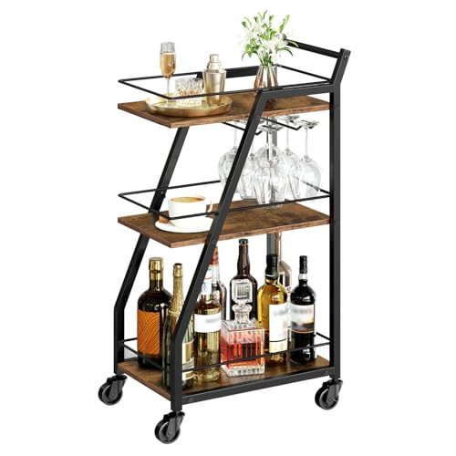 Bar Cart, 3-Tier Home Bar Serving Cart with Wheels, Drink Cart with Glass Holder, Beverage Cart, Rolling Kitchen Cart, for Home, Living Room, Rustic Brown and Black BC03BR