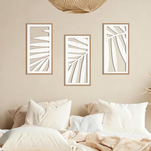 Tropical Palm Tree Leaf Wood Wall Art White Framed 8x16 Inch Set of 3 Hawaii Plant Leaves Wooden Wall Decor Minimalist Boho Artwork for Living room Bedroom Office