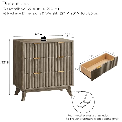 32" Large Fluted Nightstand with 3 Drawers