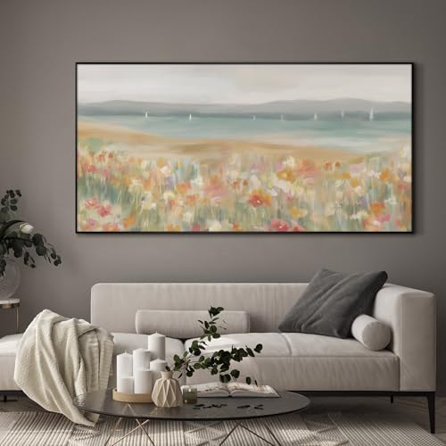 36"x72" Extra Large Framed Wall Art Coastal Flower Field with Sailing Boats Serene Landscape Illustration for Home Living Room Bedroom Decor