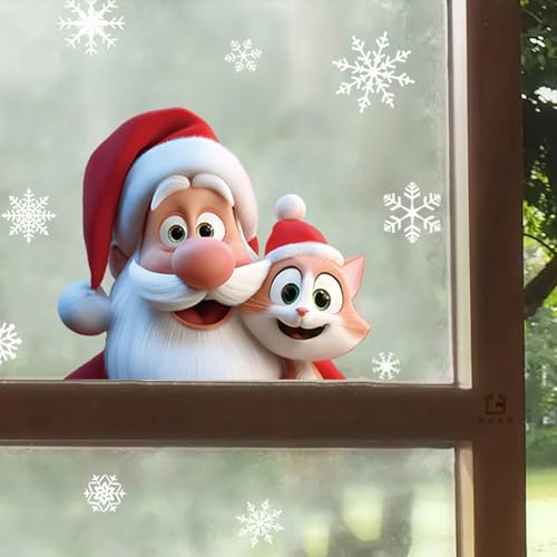 Christmas Window Clings for Glass 1 Sheet Santa Window Decals with Cat Designs Window Stickers Cute Windows Cling for Winter Party Supplies Home School Office Glass Decorations