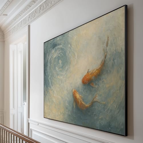 46"x60" Extra Large Framed Wall Art Koi Fish Swirl Tranquil Water Illustration for Home Living Room Bedroom Decor